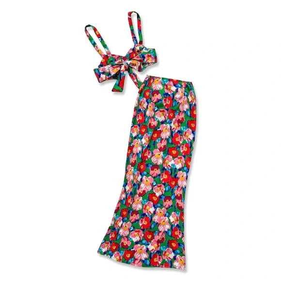 Colorful Floral Maxi Skirt + Top Set | Adjustable Top / Ruched Skirt | S | NWOT - Picture 2 of 6